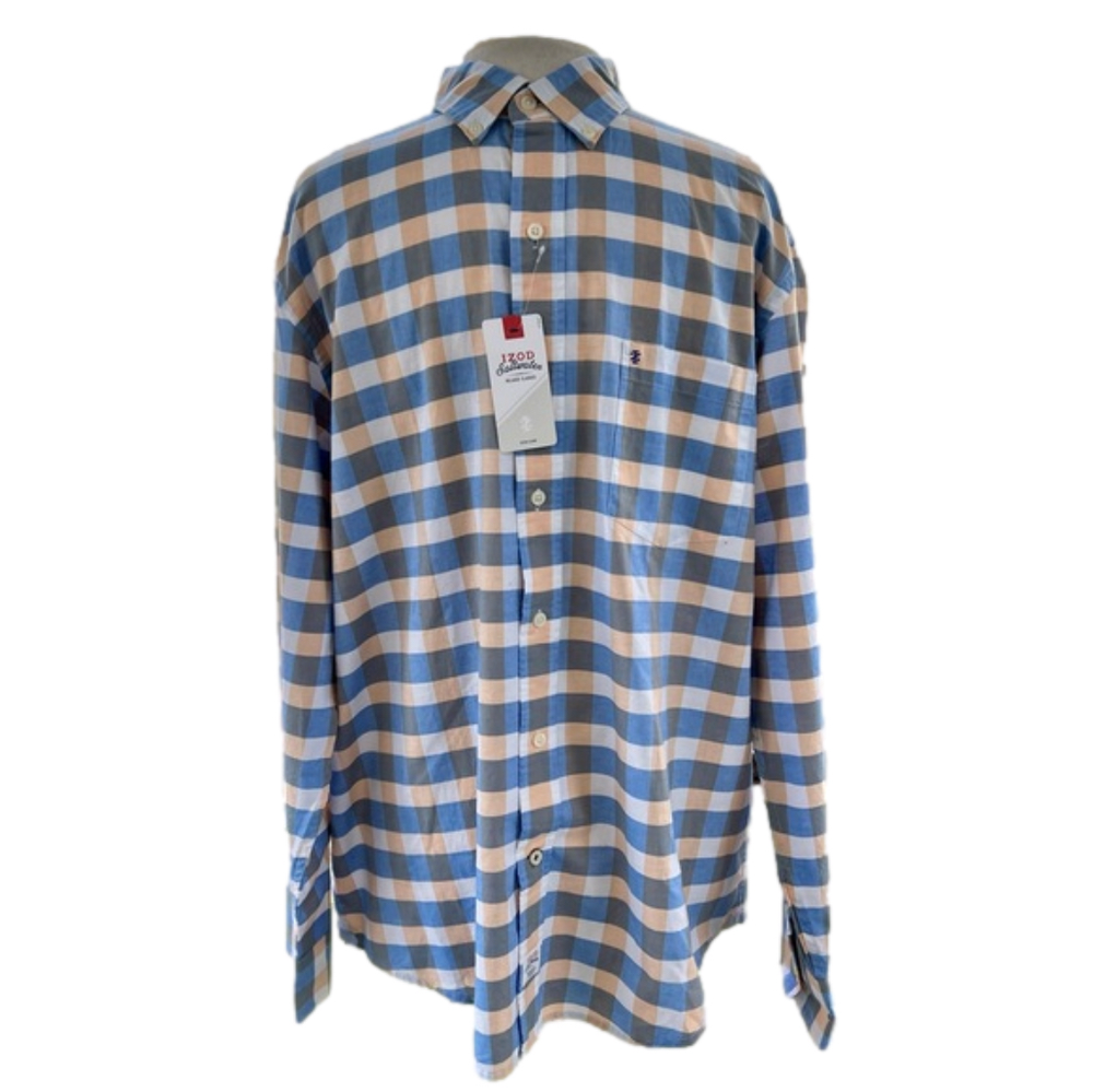 Izod Saltwater Newport Blue Size Large Shirt Oxford Button Down Relaxed Plaid